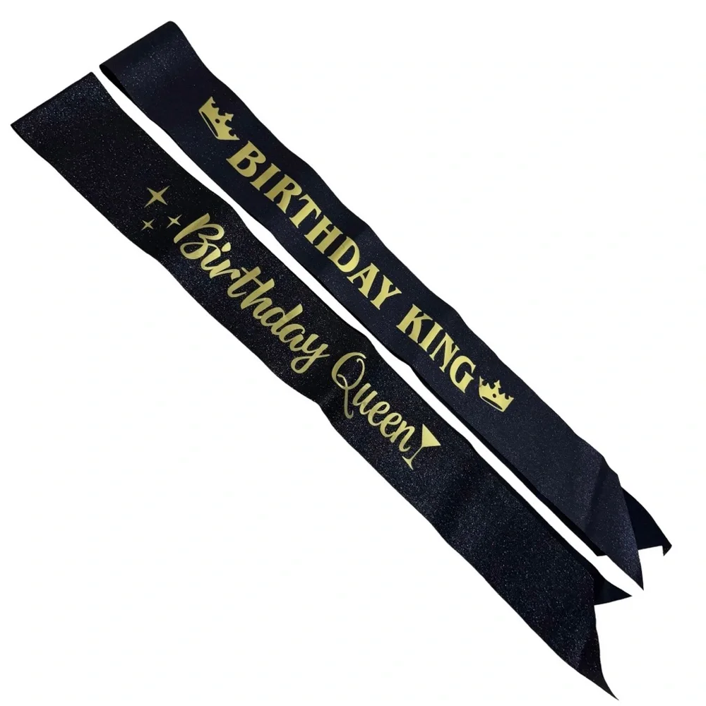 Birthday King and Queen Sash Set | Gold Tiara & Crown Black Glitter Sashes Adult